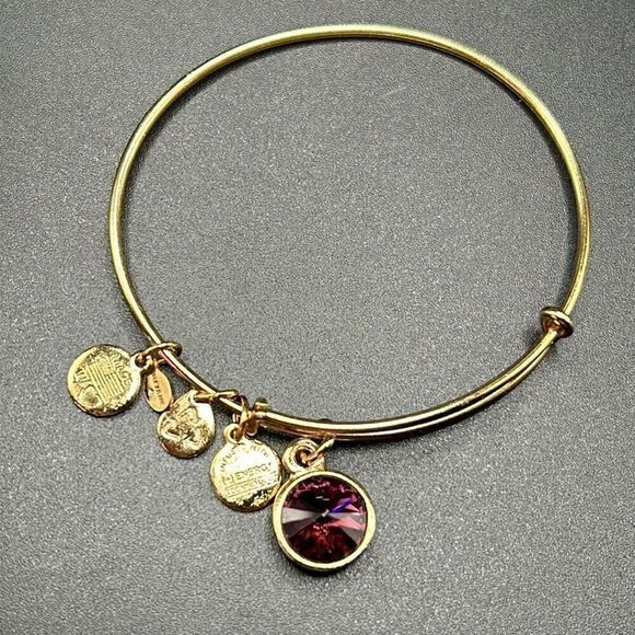 Alex and Ani Expandable Coppure Gold Charm Bangle Bracelet Purple Glass Stone - Picture 4 of 4